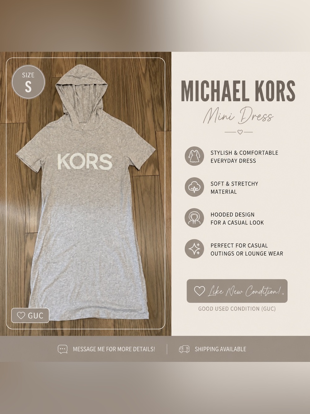 Michael Kors Light Gray Hooded Short-Sleeve Mini Dress with KORS Logo